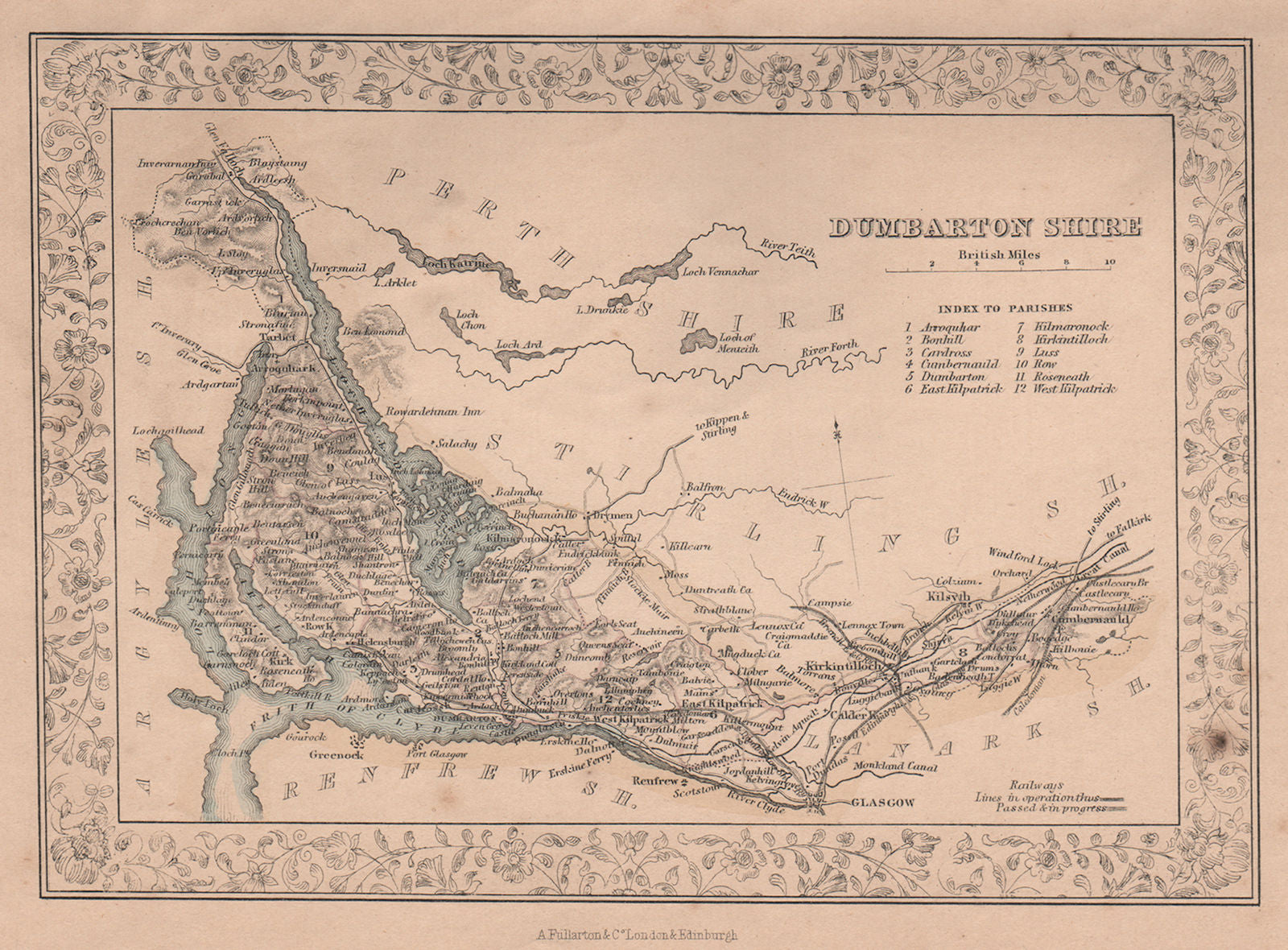 Decorative antique county map of Dunbartonshire. FULLARTON 1868 old